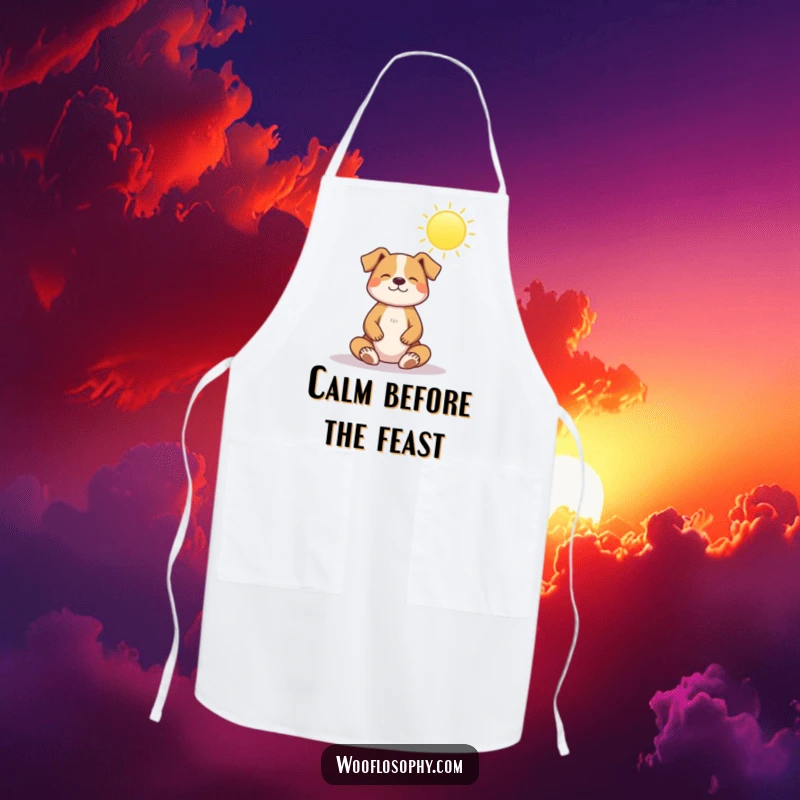 Funny apron: a dog meditates peacefully under a shining sun, embodying calm and inner peace.