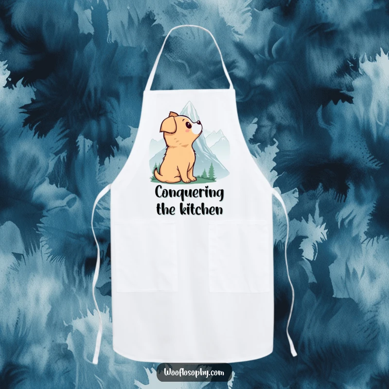Funny apron depicting a dog marveling at a vast, misty mountain, adding a touch of wonder to the kitchen.