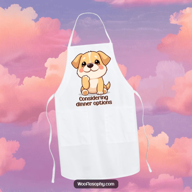 Funny Kawaii dog with its paw on its chin, contemplating, a humorous apron for chefs and home cooks, adding a thoughtful touch to cooking.