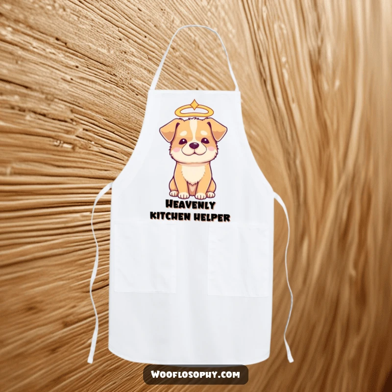 Funny angelic dog apron, a dog wearing a halo, looking serene and wise, useful for kitchen tasks.