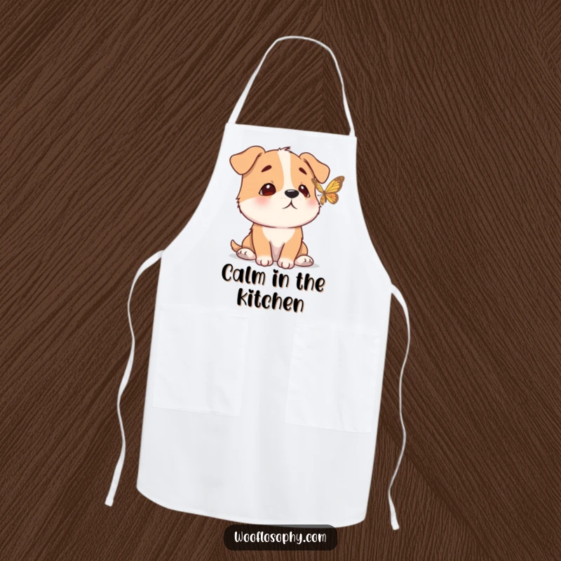 Funny apron with a calm dog watching a butterfly flutter by, ready to cook with peace and grace.