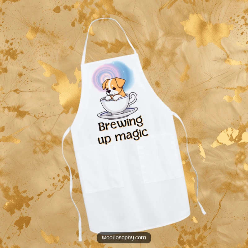Funny cosmic dog apron, a dog contemplating a swirling galaxy in a teacup, ideal for kitchen use.