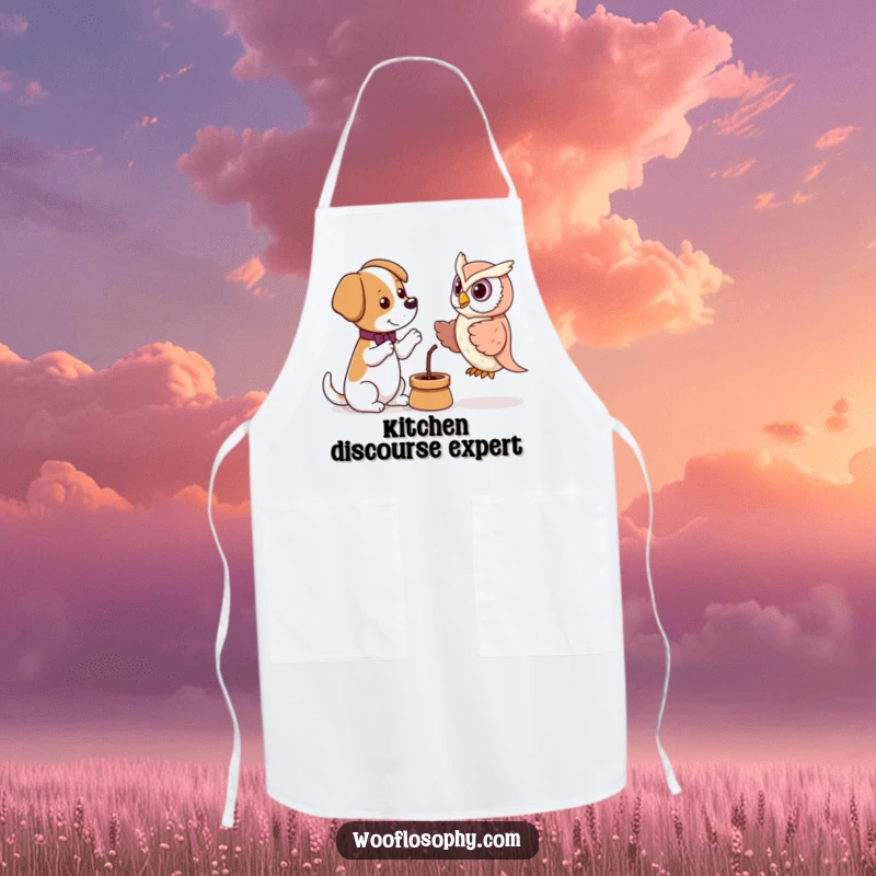 Funny apron featuring a dog debating an owl puppet, perfect for kitchen discussions and comedic culinary endeavors.