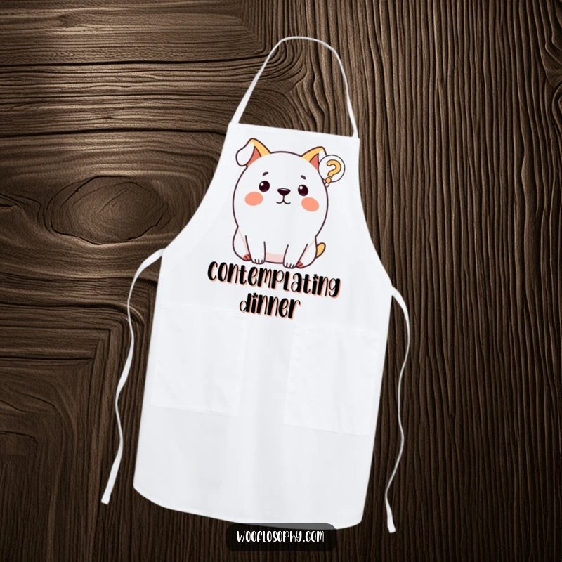 Funny dog apron featuring a confused round dog and a question mark, ideal for cooks who enjoy humor.