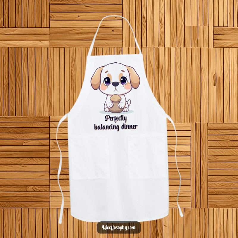 Funny dog apron showing a dog balancing a rock, ideal for cooks who appreciate humor and calm.