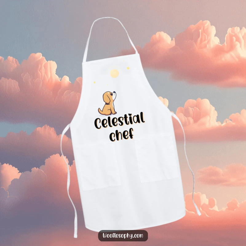 Funny dog apron featuring a cute dog looking up in wonder at a shining star while in the kitchen.
