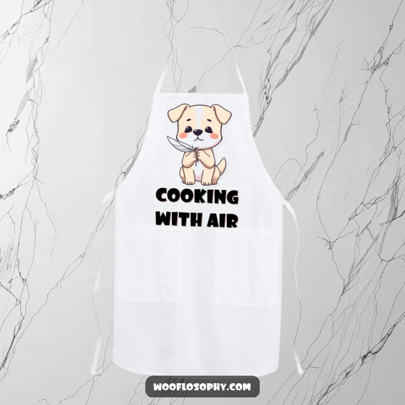 Funny Dog Apron: A dog delicately holds a feather, symbolizing a light and carefree approach to cooking.