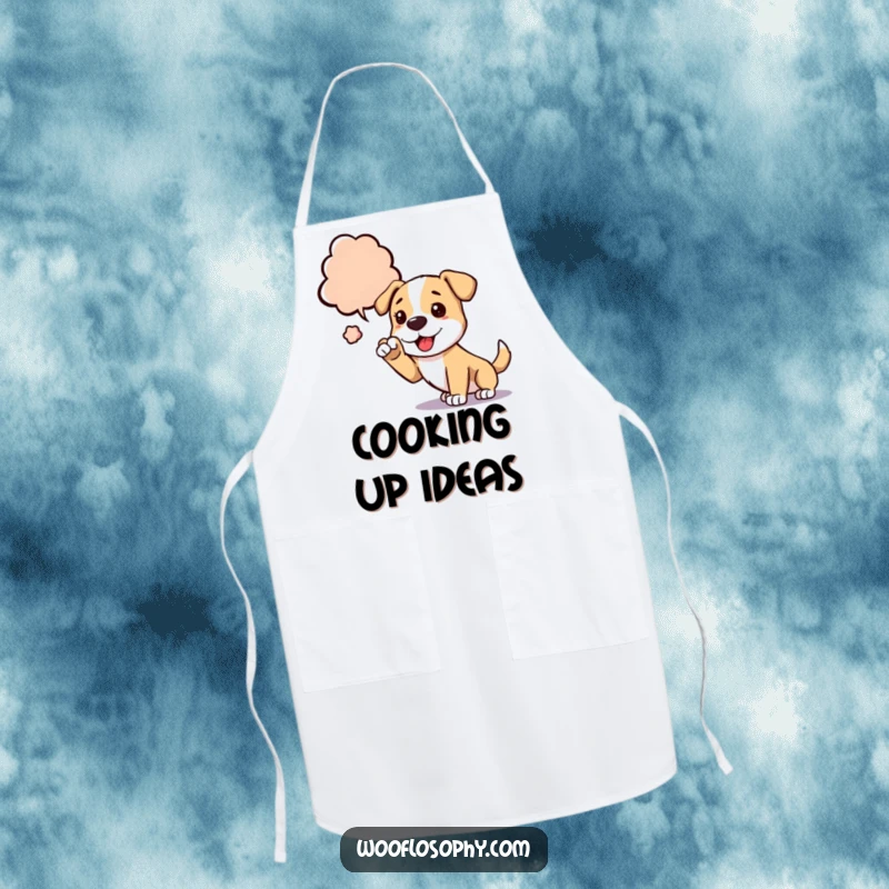 Funny dog apron showing a dog reaching for a thought bubble, ideal for cooks who enjoy creative humor.