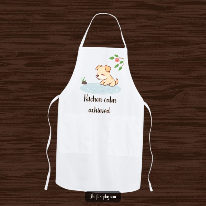 Funny dog apron with a contented dog sighing while watching ripples on a calm pond, perfect for peaceful cooking.