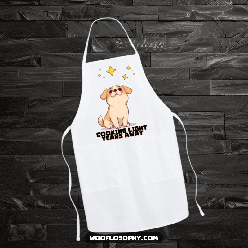 Funny dog apron illustrating a dog with wide eyes looking up at a star-studded sky in wonder.