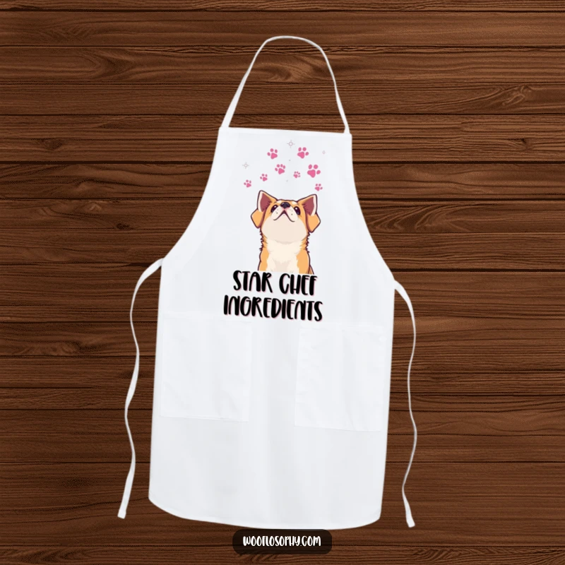 Funny dog apron showing a dog looking at paw print stars, ideal for cooks who enjoy whimsical humor.