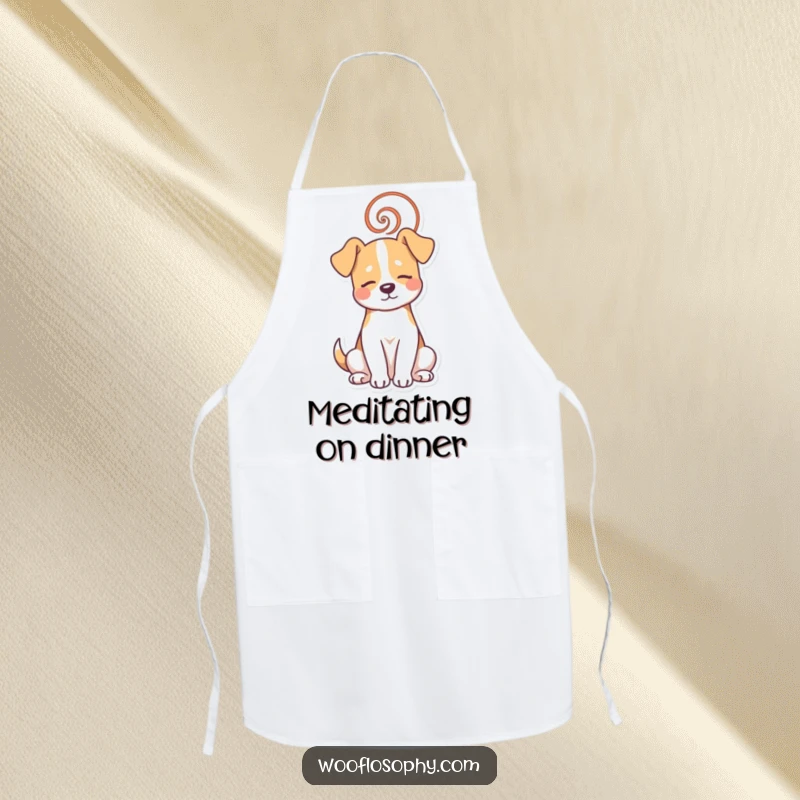 Funny dog apron showing a dog meditating with a spiral, ideal for cooks who appreciate humor and calm.