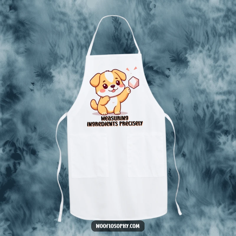 Funny Kawaii dog pointing at a geometric shape, a humorous apron for chefs and home cooks, adding a curious touch to cooking.