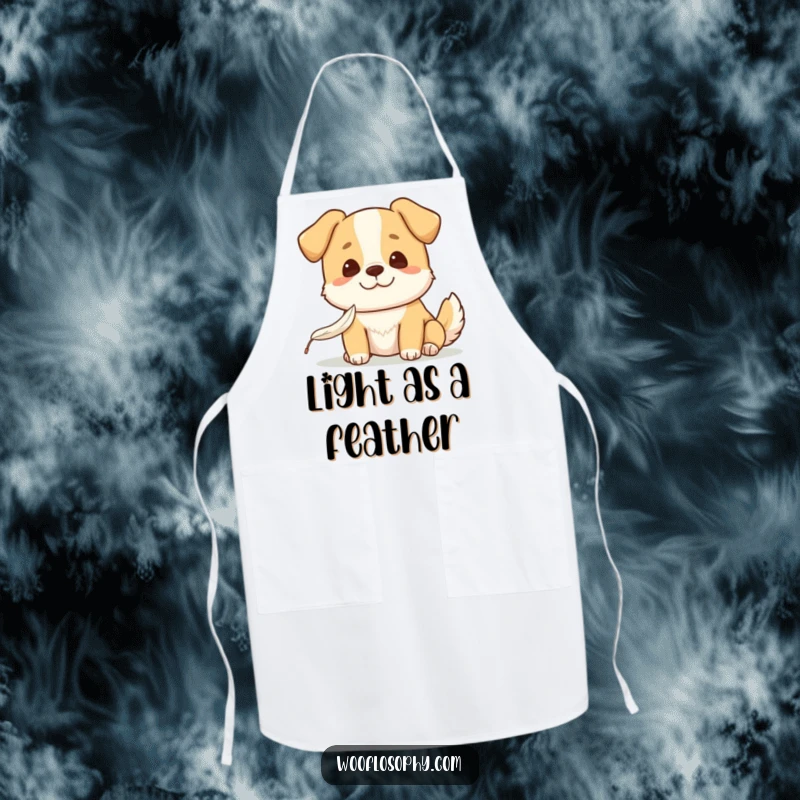 Funny Kawaii dog smiling gently while watching a feather fall, a humorous apron for chefs and home cooks, adding a peaceful touch to cooking.