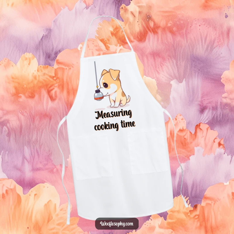 Funny pendulum dog apron, a dog gazing thoughtfully at a swinging pendulum, useful for kitchen tasks.