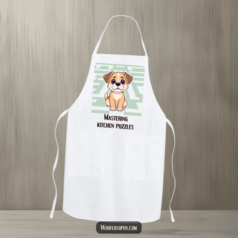 Funny Dog Apron: A dog with calm determination studies the path through a complex maze.