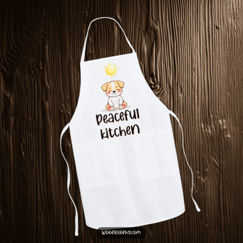 Funny Dog Apron showing a dog meditating peacefully under a shining sun, perfect for a calm and humorous cooking experience.