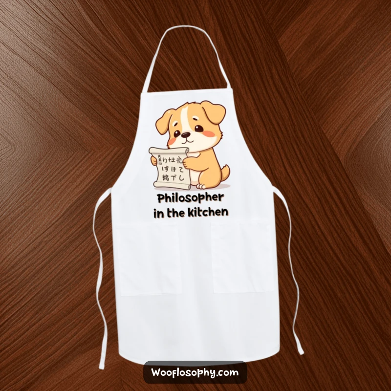 Funny dog apron depicting a dog holding a scroll and scratching its head, looking perplexed and thoughtful.