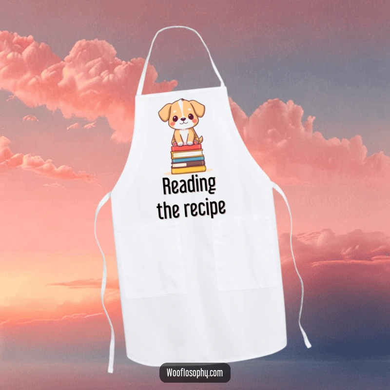 Funny Apron: Dog balanced on books looking serene, a humorous and practical kitchen accessory.