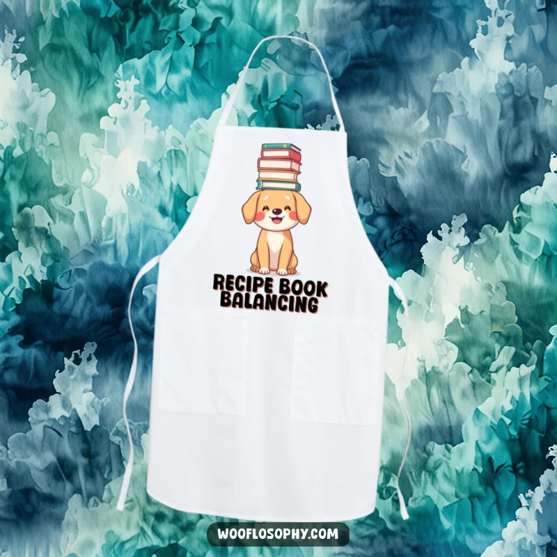 Funny bookworm dog apron, a dog balancing a stack of books on its head, useful for cooking.