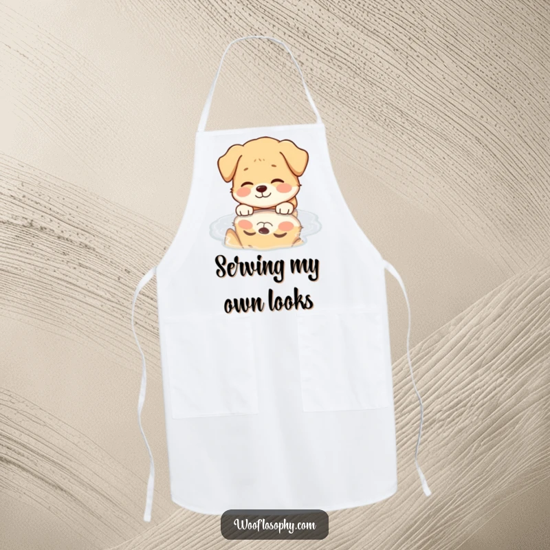 Funny Dog Apron: A joyful dog grins as it contemplates its reflection in a small puddle.