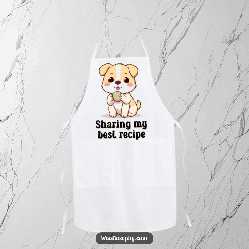 Funny Kawaii dog offering a small stone to another, a humorous apron for chefs and home cooks, adding a friendly touch to cooking.