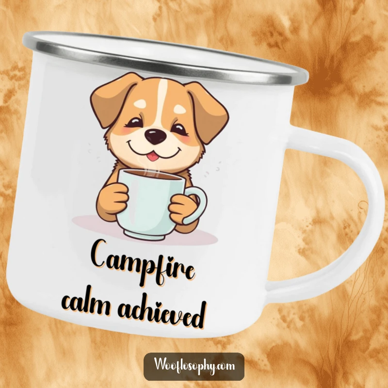 Funny dog enjoying a steaming mug on a camping mug, perfect for a funny outdoor gift.