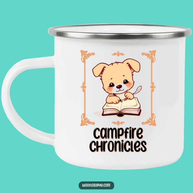 Funny Dog Camping Mug: Scribe's Journal by the Campfire with Quill