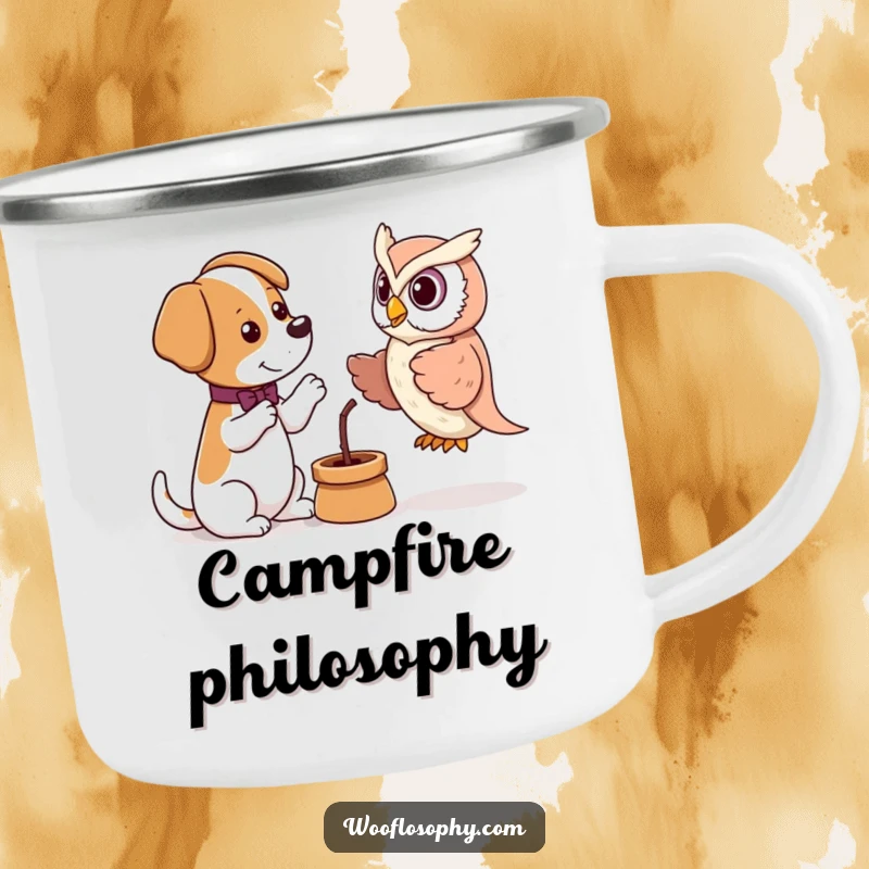 Funny camping mug showing a dog debating an owl puppet, perfect for intellectual chats in the great outdoors with humor.