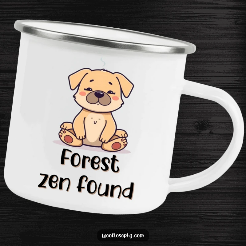 Funny camping mug featuring a dog meditating amidst nature, smoke rising, symbolizing peaceful outdoor moments with humor.