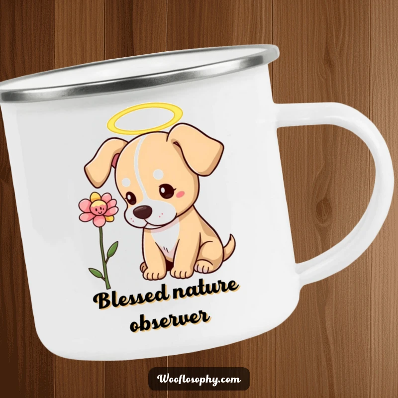 Funny Dog Camping Mug: An angelic dog with a halo looks thoughtfully at a flower during an outdoor respite.