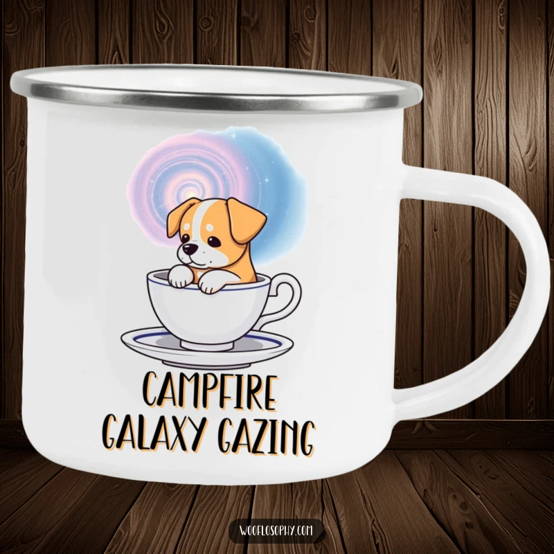 Funny cosmic dog camping mug, a dog contemplating a swirling galaxy in a teacup, great for outdoor use.