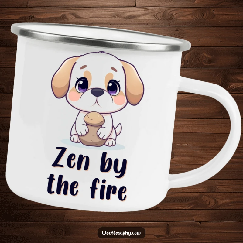 Funny dog camping mug showing a dog balancing a rock, perfect for outdoor lovers seeking peace.