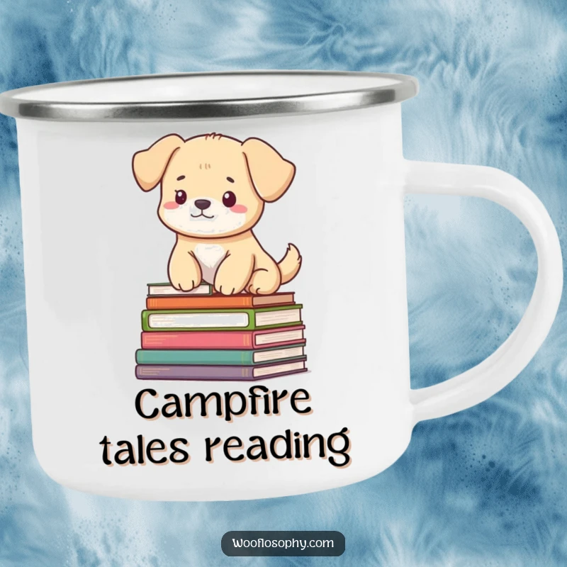 Funny camping mug: a dog sitting serenely on a pile of books, perfect for enjoying peaceful outdoor moments.