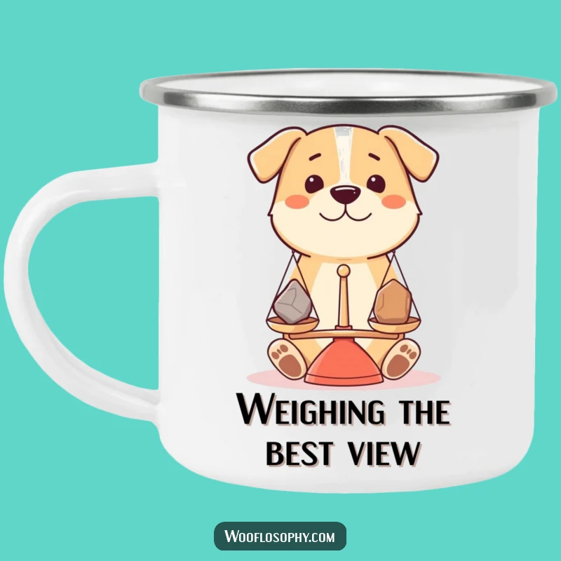 Funny Dog Camping Mug - Balanced Pup Weighing Stones Outdoors - Adventure Decision Gift