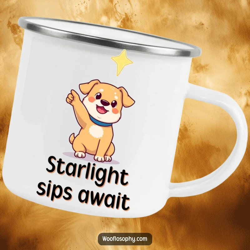 Funny camping mug featuring a dog pointing its paw towards a distant, shimmering star, ideal for stargazing adventurers.