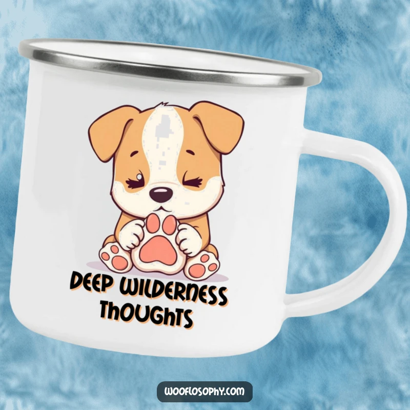 Funny dog camping mug, a dog contemplates a paw print by the campfire, humorous outdoor gear, a perfect gift.