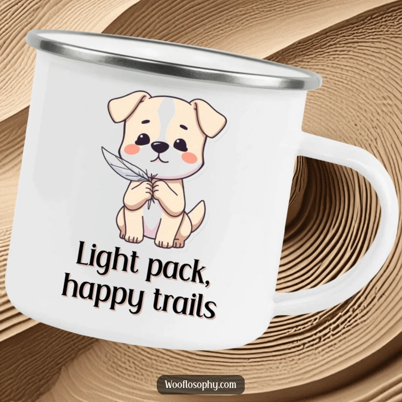 Funny Dog Camping Mug: A dog gently holds a feather, symbolizing peace and lightness during an outdoor escape.