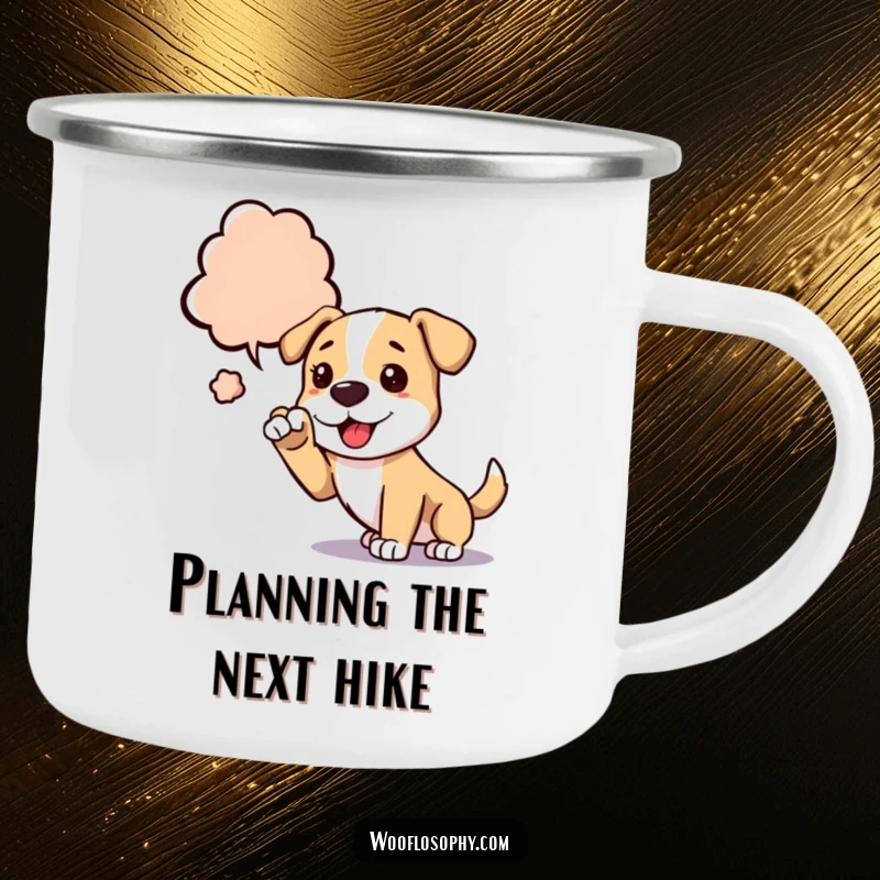 Funny dog camping mug showing a dog reaching for a thought bubble, perfect for outdoor creative types.