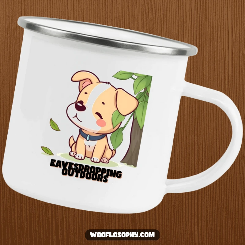 Funny camping mug with a dog character intently listening to a leaf gently falling, perfect for outdoor enjoyment.