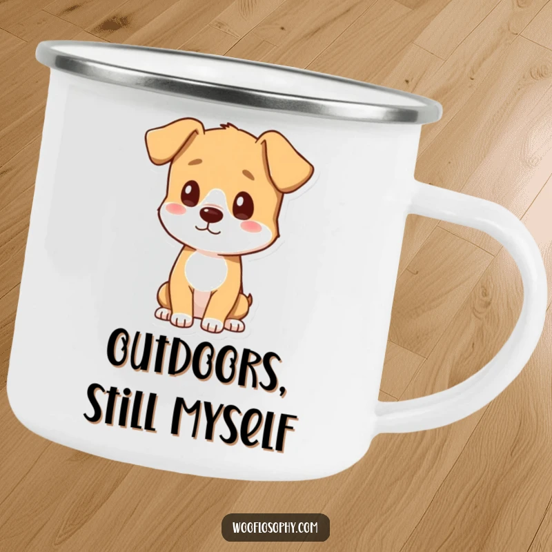 Funny camping mug showing a dog contemplating its shadow outdoors, durable and humorous, a fantastic funny gift.