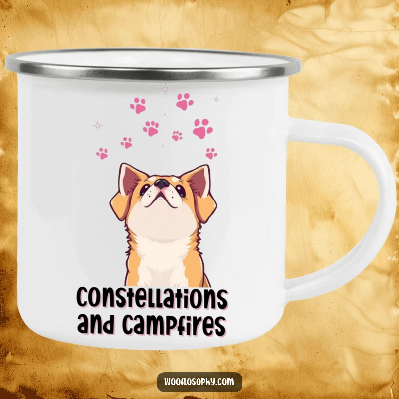 Funny dog camping mug showing a dog looking at paw print stars, perfect for outdoor dreamers.
