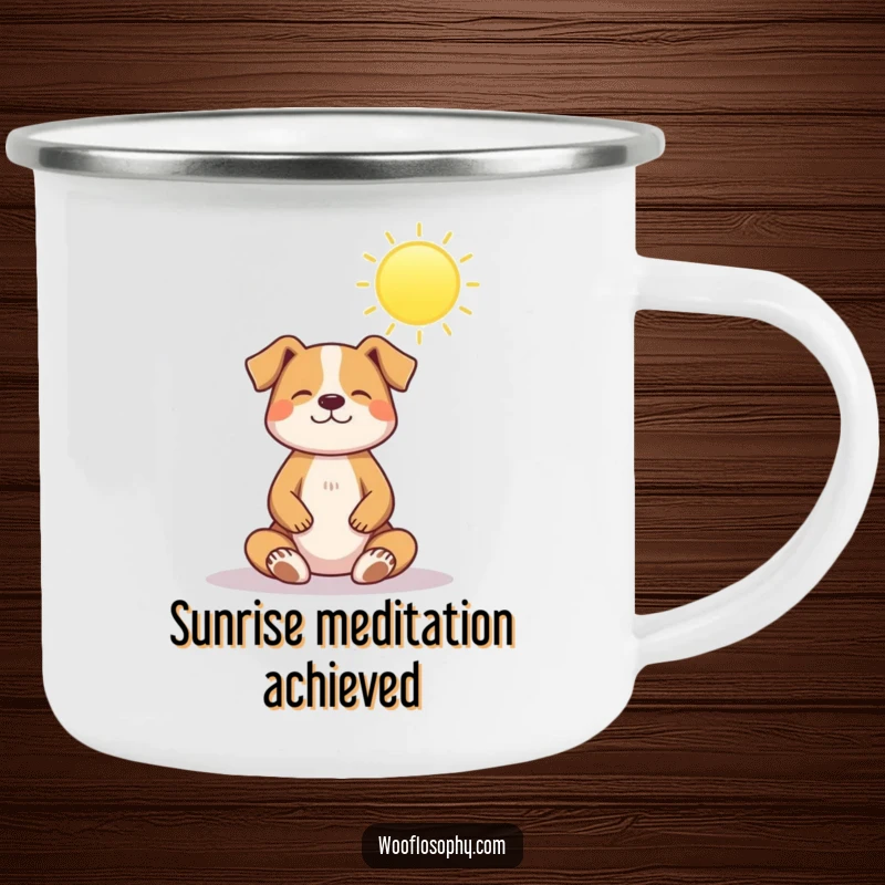 Funny camping mug: a dog meditates peacefully under a shining sun, perfect for finding calm outdoors.
