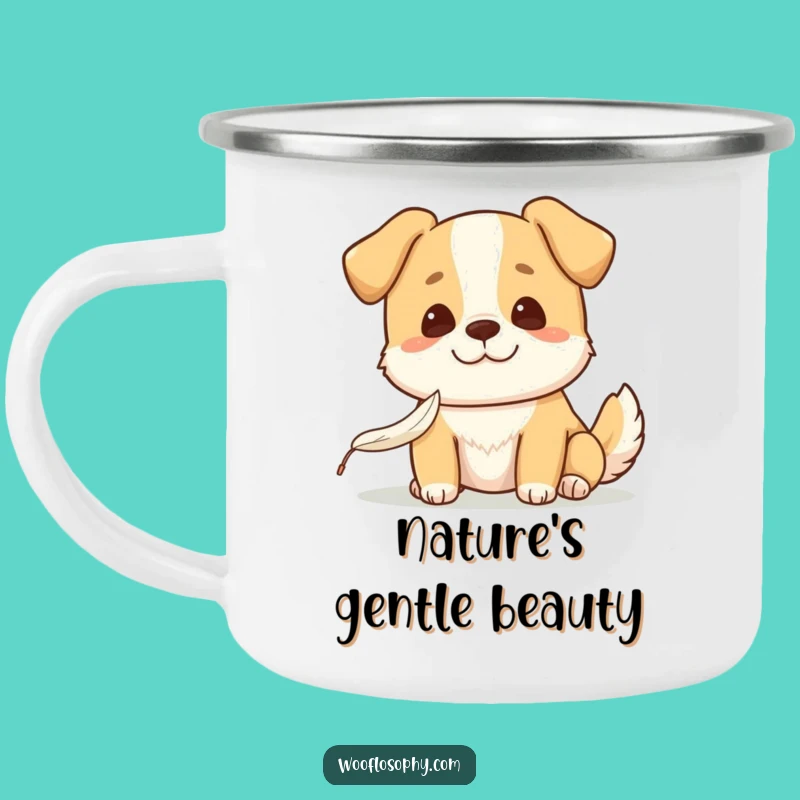 Funny Kawaii Dog Camping Mug: Serene feather mug, a durable and funny gift for nature lovers.