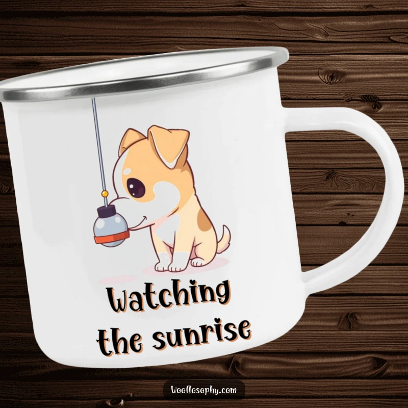 Funny pensive dog camping mug, a dog gazing thoughtfully at a swinging pendulum, great for outdoor use.