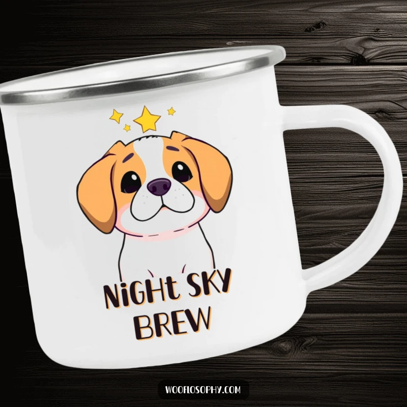 Funny camping mug showing a dog gazing at stars, perfect for contemplative outdoor moments with a touch of humor.
