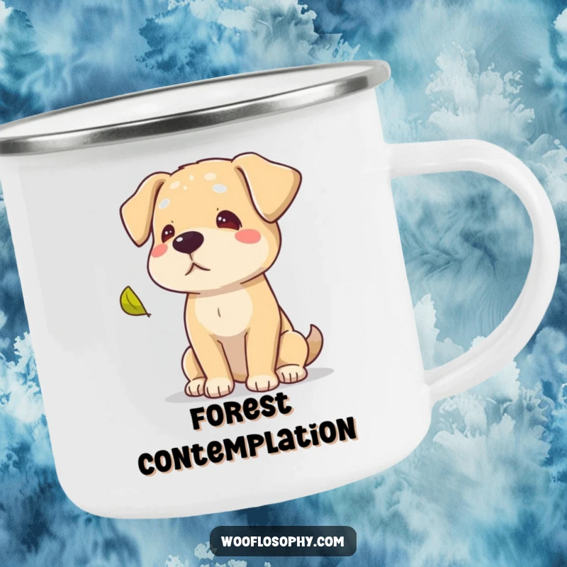Funny dog watching a leaf fall, holding a camping mug, perfect for outdoor reflection.