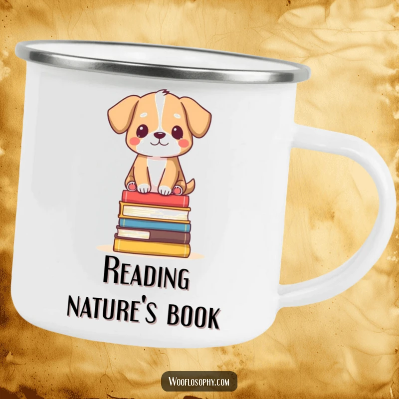 Funny Camping Mug: Dog balanced serenely on books, a humorous and durable outdoor mug.