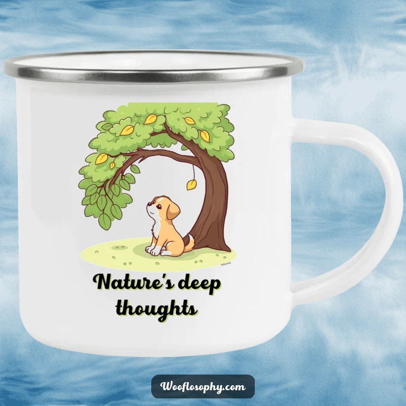 Funny dog sitting under a tree, contemplatively watching a falling leaf, perfect for camping trips.