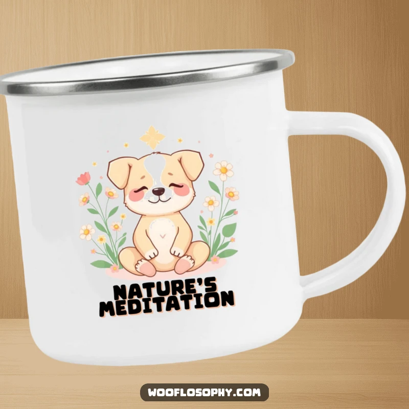 Funny dog meditating peacefully with blooming flowers, depicted on a rugged camping mug for outdoor serenity.